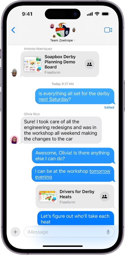 „iPhone“ su grupės pokalbiu, įskaitant bendrinamus failus.