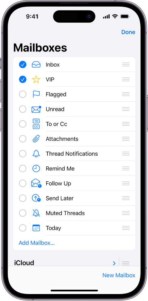 Redagavimo ekranas „Mailboxes“. Pasirinktinės pašto dėžutės pateiktos iš viršaus į apačią, kairėje nuo kiekvienos parinkties matomos varnelės. Apatiniame dešiniajame ekrano kampe yra mygtukas „New Mailbox“.