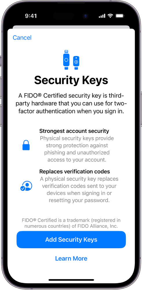 „Security Keys“ pasveikinimo ekranas. Šalia apačios yra mygtukas „Add Security Keys“ ir nuoroda „Learn More“. Virš jų yra aiškinamasis tekstas apie saugos raktų naudojimo naudą.