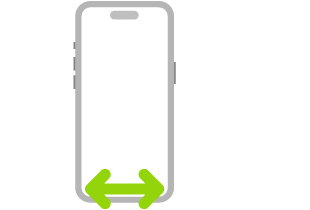 „iPhone“ paveikslėlis. Dvi rodyklės su smaigaliais nurodo, kad reikia braukti pagal apatinį ekrano kraštą į kairę arba į dešinę.