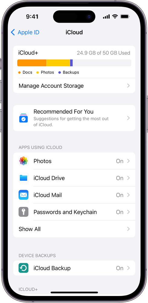 „iCloud“ nustatymų ekrane rodomas „iCloud Storage“ matuoklis, programų ir funkcijų, kurias galima naudoti su „iCloud“, sąrašas, įskaitant „Photos“, „iCloud Drive“ ir „iCloud Mail“.