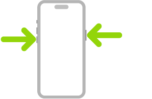 „iPhone“ paveikslėlis, kuriame rodyklės rodo į šoninį mygtuką viršuje dešinėje ir garsumo mygtuką viršuje kairėje.