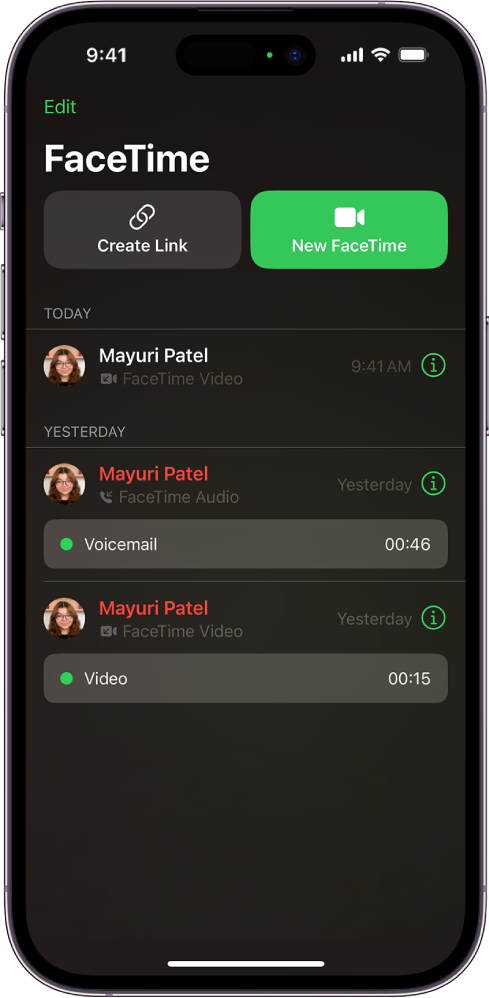 „FaceTime“ skambučio inicijavimo ekranas, kuriame rodomi mygtukai „Create Link“ ir „New FaceTime“, skirti „FaceTime“ skambučiui pradėti.
