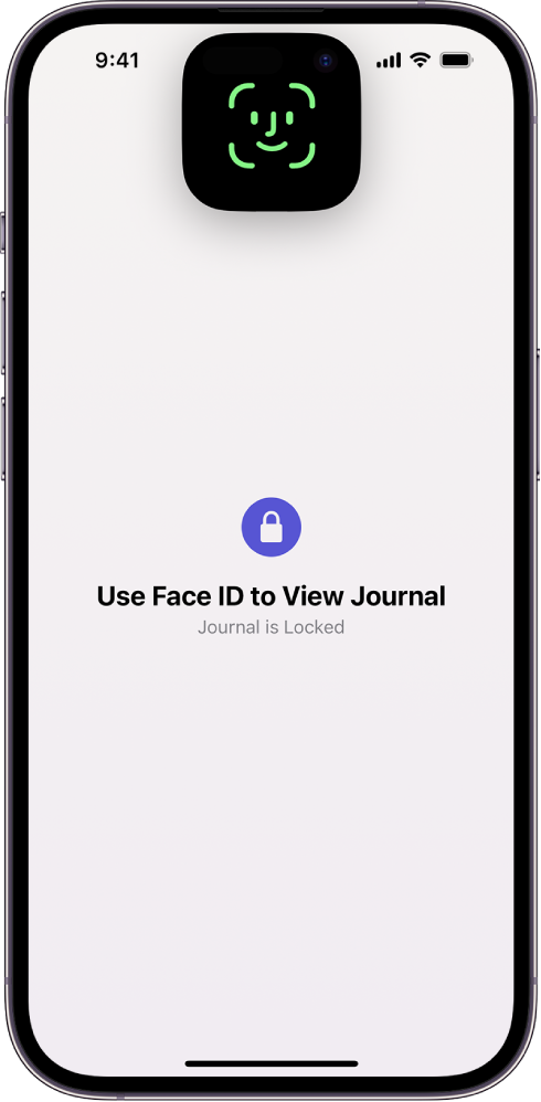 Ekranas, kuriame raginama naudoti „Face ID“ norint atrakinti žurnalą.