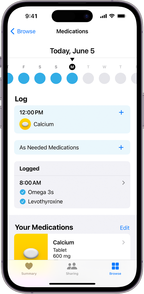 Programos „Health“ ekranas „Medications“, kuriame matosi data ir vaistų žurnalas.