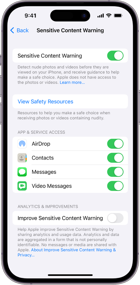 Įspėjimų apie neskelbtiną turinį nustatymai su nuoroda „View Safety Resources“ ir mygtuku „Improve Sensitive Content Warning“, skirtu bendrinti analizės ir naudojimo duomenis su „Apple“.