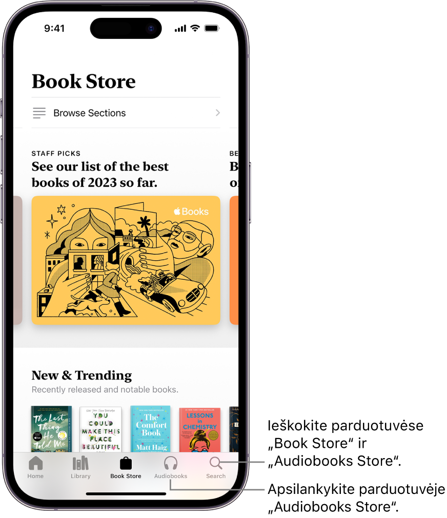 „Book Store“ ekranas programoje „Books“. Ekrano apačioje iš kairės į dešinę pateikiami skirtukai „Home“, „Library“, „Book Store“, „Audiobooks“ ir „Search“. Pasirinkta kortelė „Book Store“.