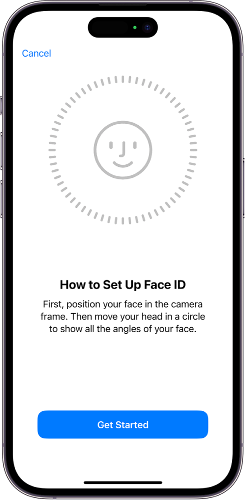„Face ID“ atpažinimo sąrankos ekranas. Ekrane rodomas apskritime esantis veidas. Žemiau pateiktas tekstas nurodo naudotojui lėtai apsukti galvą pagal apskritimą.