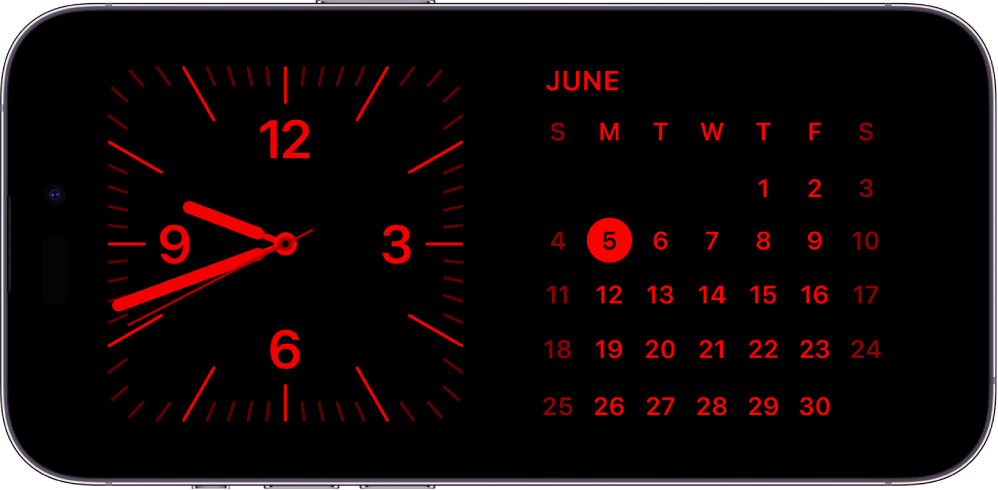 „iPhone“ veikiantis budėjimo režimu, esant silpnam aplinkos apšvietimui, rodomi laikrodžio ir kalendoriaus valdikliai su raudonu atspalviu.