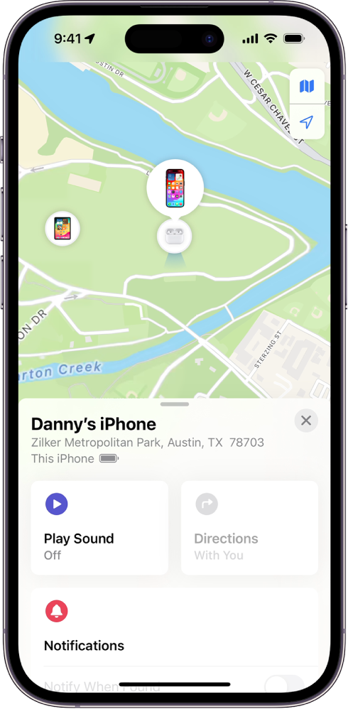 Ekranas „Find My“, kuriame rodoma „iPhone“ buvimo vieta žemėlapyje ekrano viršuje.