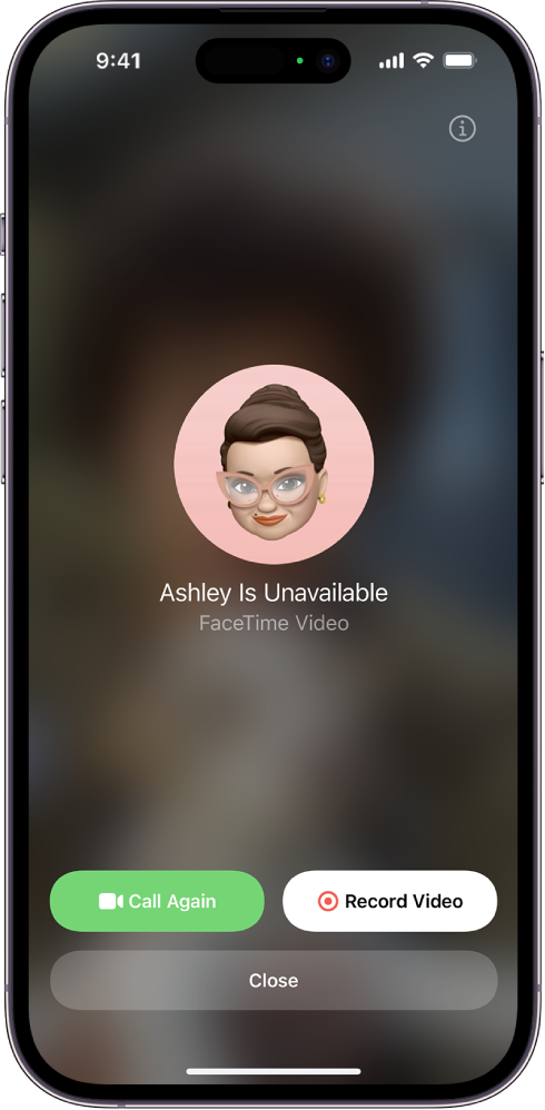 „FaceTime“ ekranas, kuriame rodomas nepasiekiamas skambinantis asmuo. Ekrano apačioje yra mygtukai „Call Again“ ir „Record Video“.