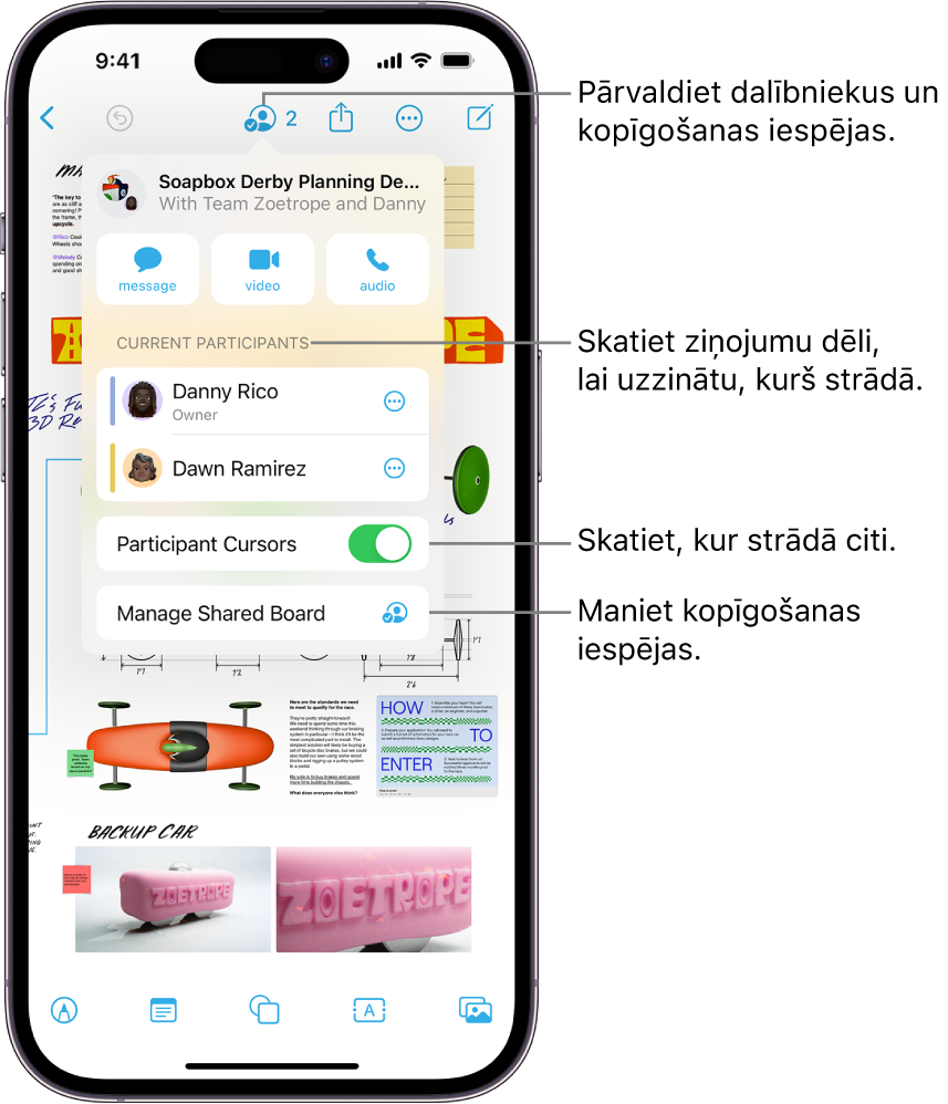 Koplietojama Freeform tāfele iPhone tālrunī ar redzamu sadarbošanās izvēlni.