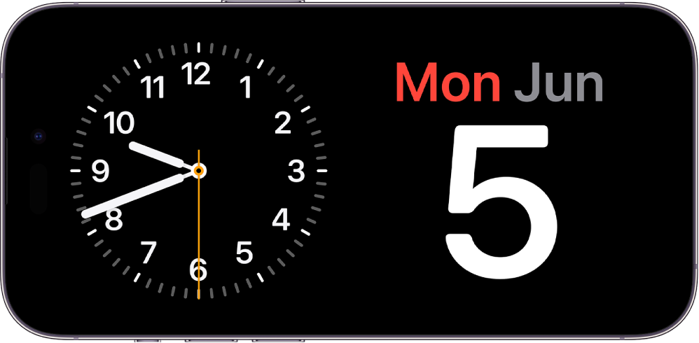 iPhone ir pagriezts horizontāli. Ekrāna kreisajā pusē ir redzams pulkstenis un ekrāna labajā pusē — datums.