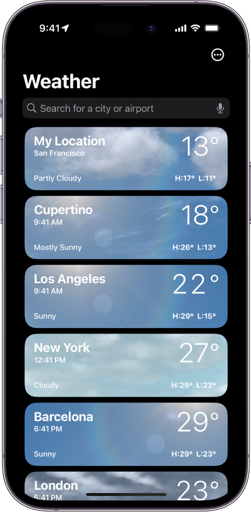 Laikapstākļu ekrāns, kurā ir redzams pilsētu saraksts ar pašreizējo laiku, temperatūru, prognozi un augstāko un zemāko temperatūru. Ekrāna augšā ir meklēšanas lauks, un augšējā labajā stūrī atrodas poga More.