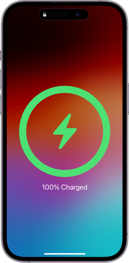 iPhone ekrāns, kurā redzams, ka akumulators uzlādēts līdz 100 %.