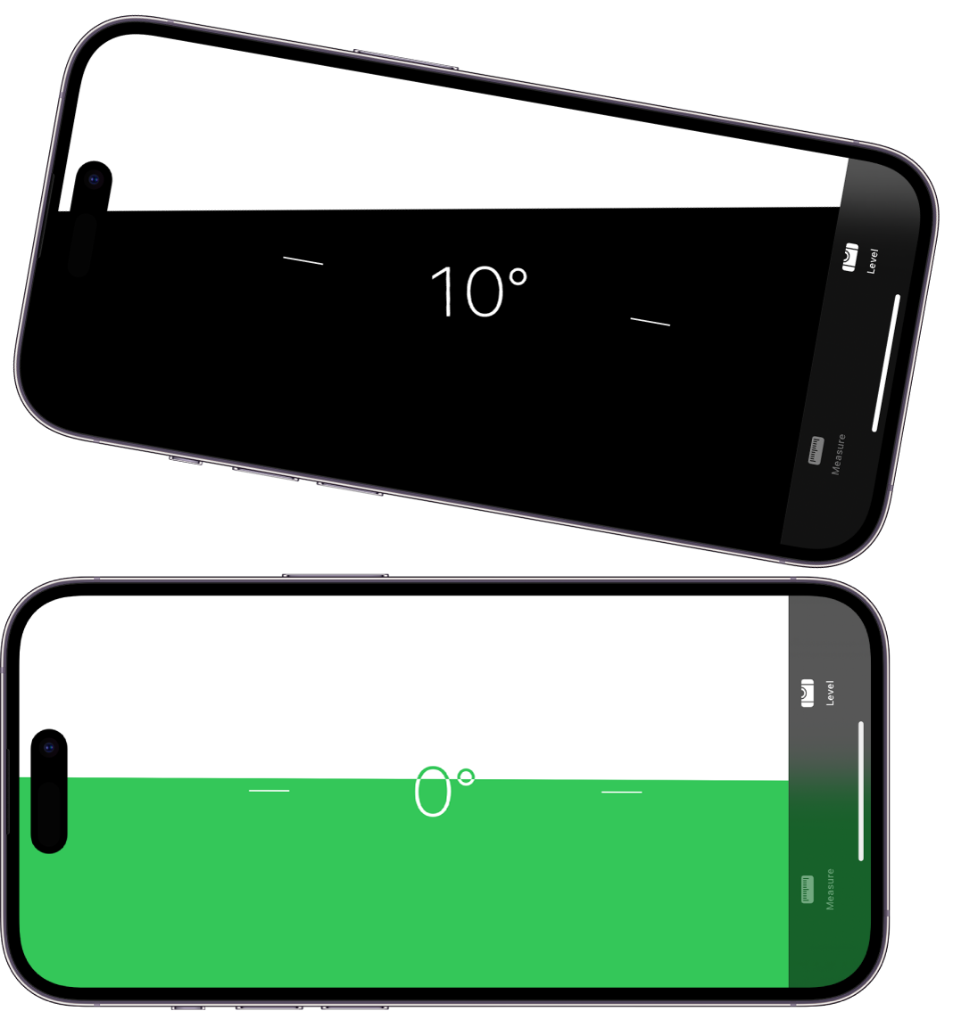 Līmeņa ekrāns lietotnē Measure. Augšējā attēlā iPhone tālrunis ir sasvērts 10 grādu leņķī; apakšējā attēlā iPhone tālrunis ir līmeņots.