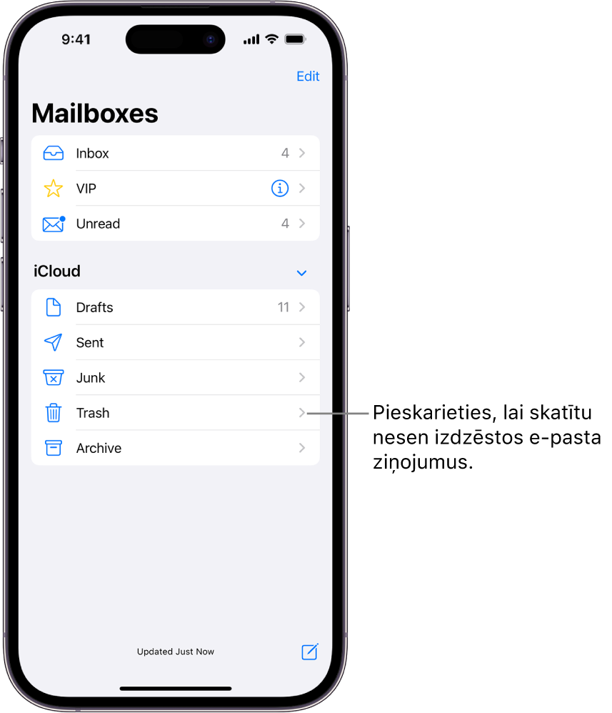 Mailboxes ekrāns. Sadaļā iCloud pastkastes ir uzskaitītas no augšas uz apakšu, ieskaitot Trash pastkasti. Pieskarieties tai, lai redzētu nesen dzēstus e-pasta ziņojumus.