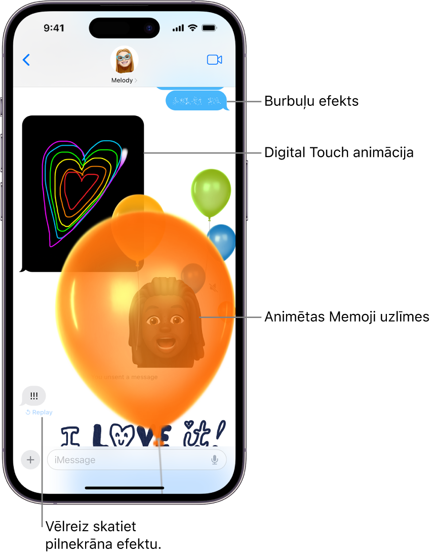 Messages saruna ar burbuli un pilnekrāna efektiem, kā arī animācijām: Digital Touch un ar roku rakstītu ziņu.