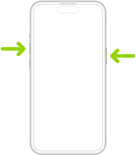 iPhone ar Face ID. Viena bultiņa norāda uz sānu pogu un cita uz skaļuma līmeņa palielināšanas pogu, lai parādītu, kā tiek uzņemts ekrānšāviņš.