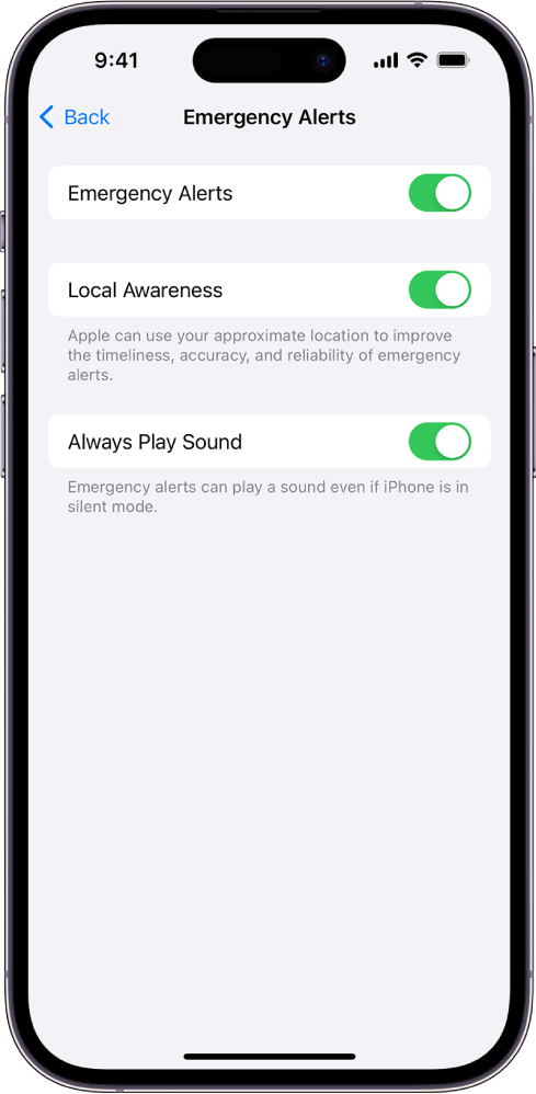Ekrāns Emergency Alerts ar ieslēgtiem iestatījumiem Emergency Alerts, Local Awareness un Always Play Sound.