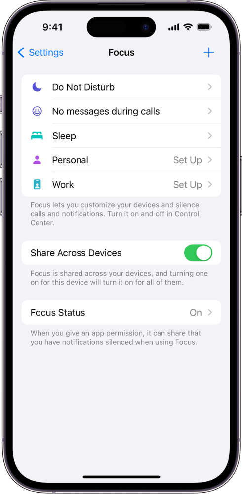 Ekrāns, kurā attēlotas piecas nodrošinātās Focus opcijas: Do Not Disturb, No messages during calls, Sleep, Personal un Work. Opcija Share Across Devices ir ieslēgta, kas ļauj tos pašus Focus iestatījumus izmantot visās jūsu Apple ierīcēs.