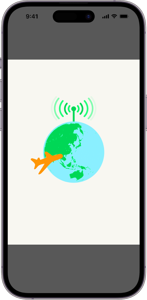 iPhone ekrāns ar zemeslodes attēlu. Zemeslodes augšpusē ir radiosignāls, un ap to lido lidmašīna.