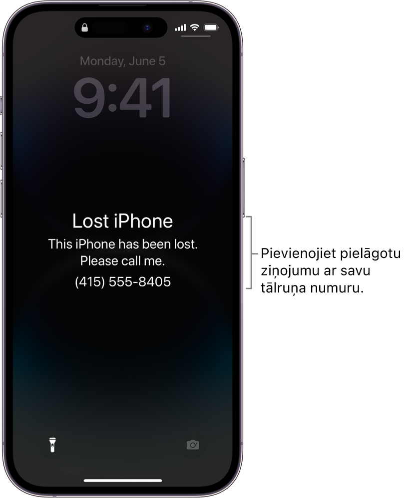 Bloķēts iPhone tālruņa ekrāns ar ziņojumu par pazudušu iPhone tālruni. Varat pievienot pielāgotu ziņojumu ar savu tālruņa numuru.