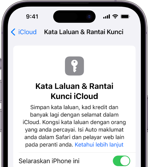 Skrin Kata Laluan iCloud & Rantai Kunci, dengan seting untuk menyelaraskan iPhone ini.