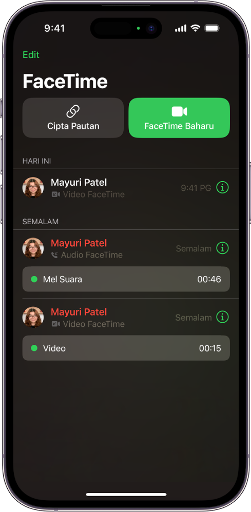 Skrin untuk memulakan panggilan FaceTime, menunjukkan butang Cipta Pautan dan butang FaceTime Baharu untuk memulakan panggilan FaceTime.