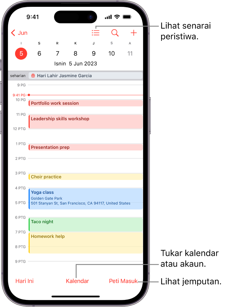 Kalendar dalam paparan Hari menunjukkan peristiwa hari tersebut. Butang Kalendar berada di bahagian tengah bawah skrin dan butang Peti Masuk berada di bahagian kanan bawah.