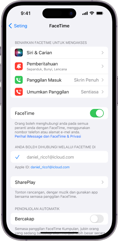 Skrin Seting FaceTime, menunjukkan suis untuk mengaktifkan atau menyahaktifkan FaceTime dan medan tempat anda memasukkan Apple ID anda untuk FaceTime.