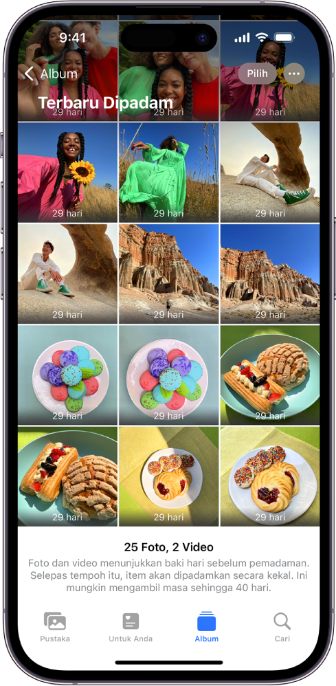 Folder Terbaru Dipadam dalam app Foto. Foto terbaru dipadam kelihatan dalam grid pada skrin.