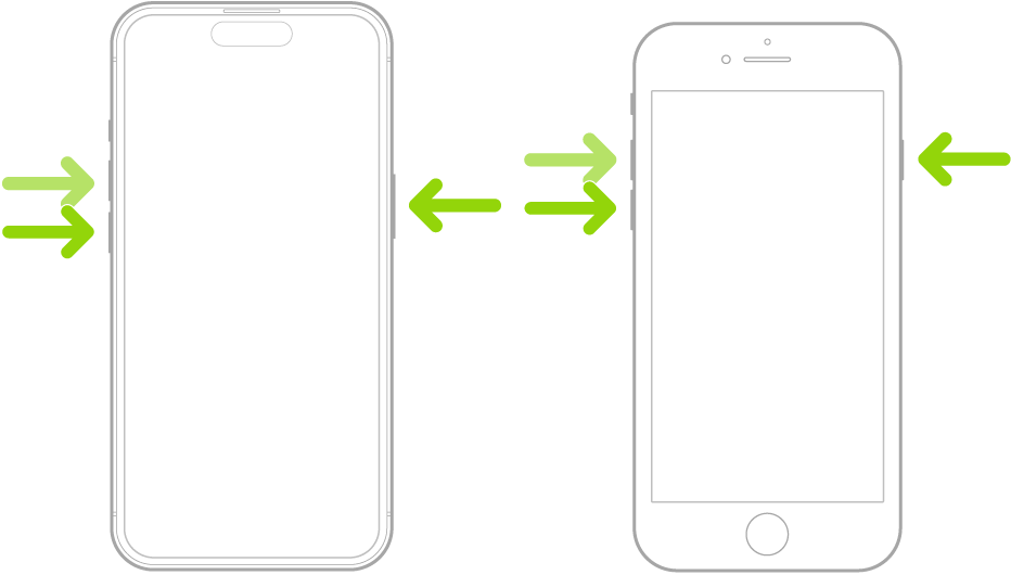 Ilustrasi dua model iPhone, satu dengan butang Utama dan satu tanpa butang Utama, dengan skrin menghadap ke atas. Butang Kelantangan untuk setiap model berada di sebelah kiri iPhone dan butang sisi di sebelah kanan.