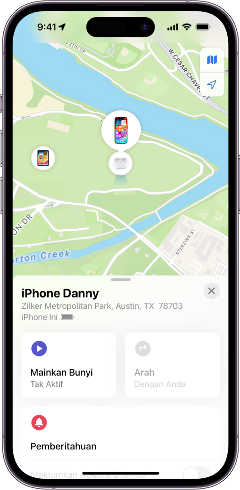 Skrin Cari menunjukkan lokasi iPhone pada peta di bahagian atas skrin.