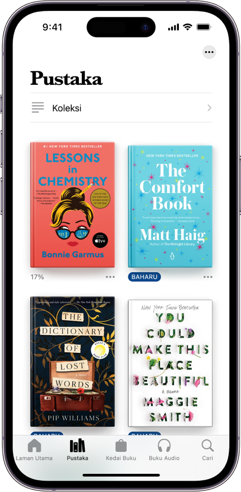 Skrin Pustaka dalam app Buku. Di bahagian atas skrin ialah butang Koleksi. Di bahagian tengah skrin ialah kulit buku. Di bahagian bawah skrin ialah, dari kiri ke kanan, tab Laman Utama, Pustaka, Kedai Buku, Buku Audio dan Cari. Tab Pustaka dipilih.