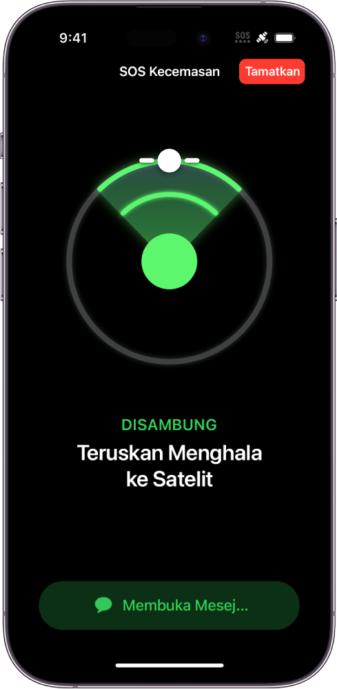 Skrin SOS Kecemasan, menunjukkan yang telefon disambungkan dan mengarahkan pengguna untuk terus menuding ke arah satelit. Butang Membuka Mesej berada di bahagian bawah skrin.