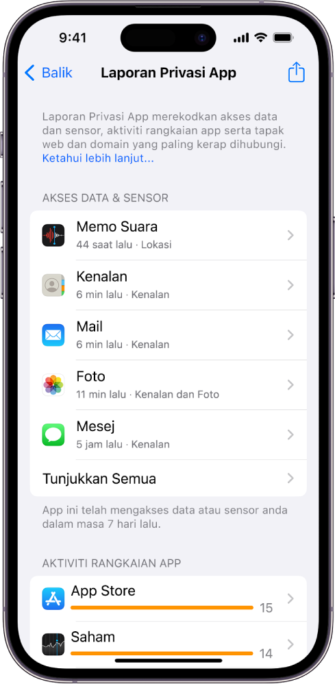 Laporan Privasi App menyenaraikan maklumat tentang lima app untuk kategori Akses Data & Sensor serta maklumat tentang tiga app untuk kategori Aktiviti Rangkaian App.