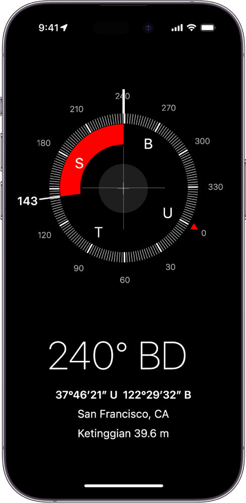Skrin Kompas menunjukkan arah yang ditunjukkan oleh iPhone, lokasi semasa dan ketinggian.