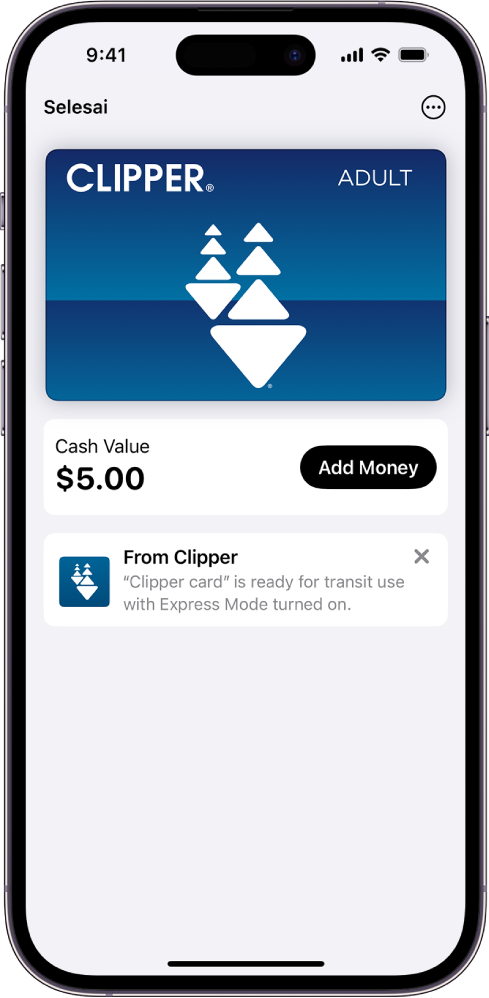 Kad transit dalam app Wallet. Di bawah kad ialah baki, bersebelahan butang Tambah Wang.