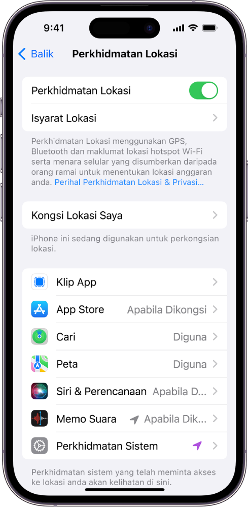 Skrin Perkhidmatan Lokasi, dengan seting untuk berkongsi lokasi iPhone anda, termasuk seting tersuai untuk app individu.