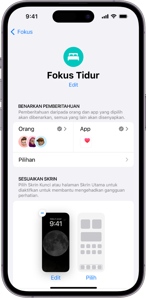 Skrin Fokus Tidur menunjukkan tiga orang dan satu app dibenarkan untuk menghantar pemberitahuan.