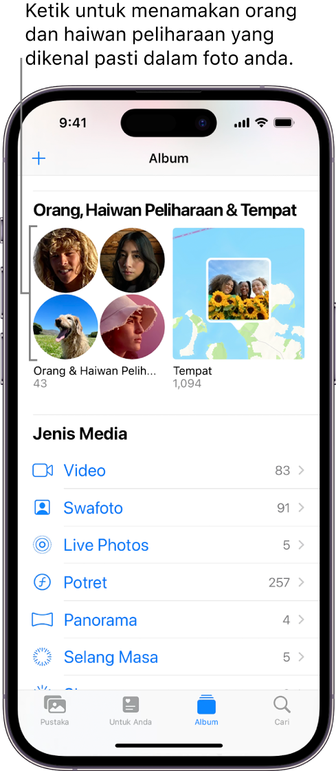 Skrin Album dalam app Foto. Orang & Haiwan Peliharaan di bahagian atas skrin.