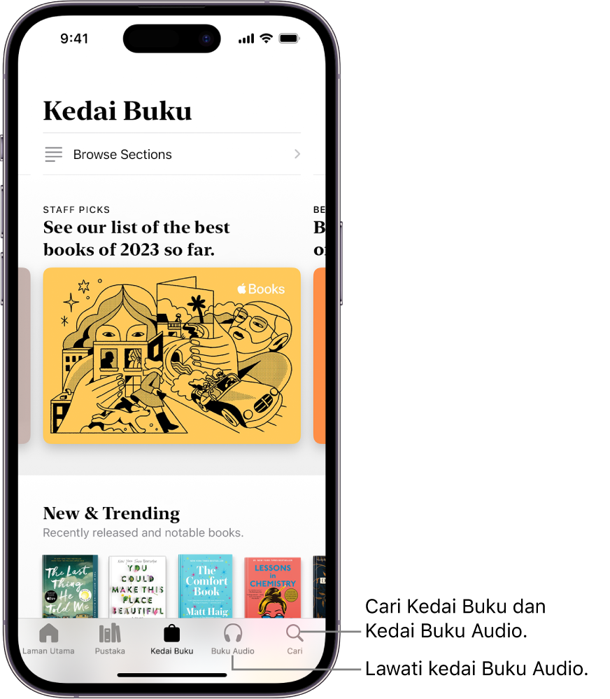 Skrin Kedai Buku dalam app Buku. Di bahagian bawah skrin ialah, dari kiri ke kanan, tab Laman Utama, Pustaka, Kedai Buku, Buku Audio dan Cari. Tab Kedai Buku dipilih.