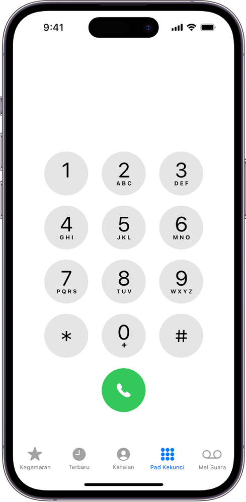 Pad dial dalam app Telefon, memaparkan nombor 1 hingga 9. Di bawahnya ialah butang Dial hijau. Di bahagian bawah ialah butang untuk Kegemaran, Terbaru, Kenalan, Pad Kekunci (dipilih) dan Mel Suara.