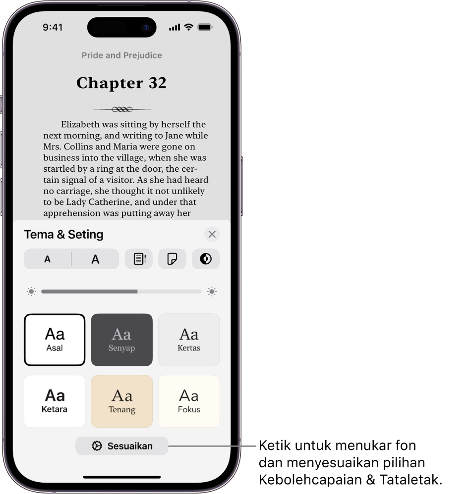 Halaman buku dalam app Buku. Pilihan Tema & Seting menunjukkan kawalan untuk saiz fon, paparan penskrolan, gaya selak halaman, kecerahan dan gaya fon.