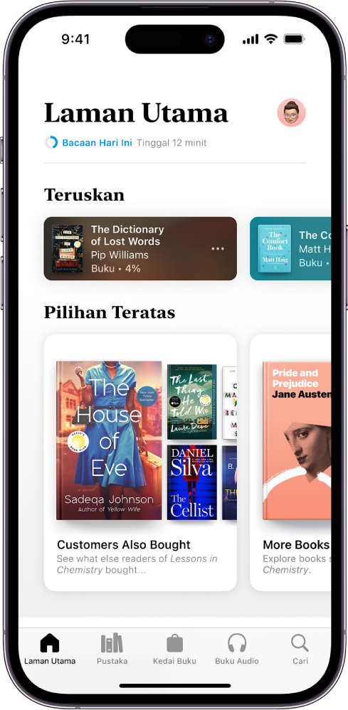 Skrin Laman Utama dalam app Buku. Di bahagian bawah skrin ialah, dari kiri ke kanan, tab Laman Utama, Pustaka, Kedai Buku, Buku Audio dan Cari. Tab Laman Utama dipilih.