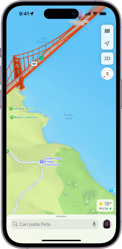 Peta taman 3D menunjukkan jambatan dan taman.