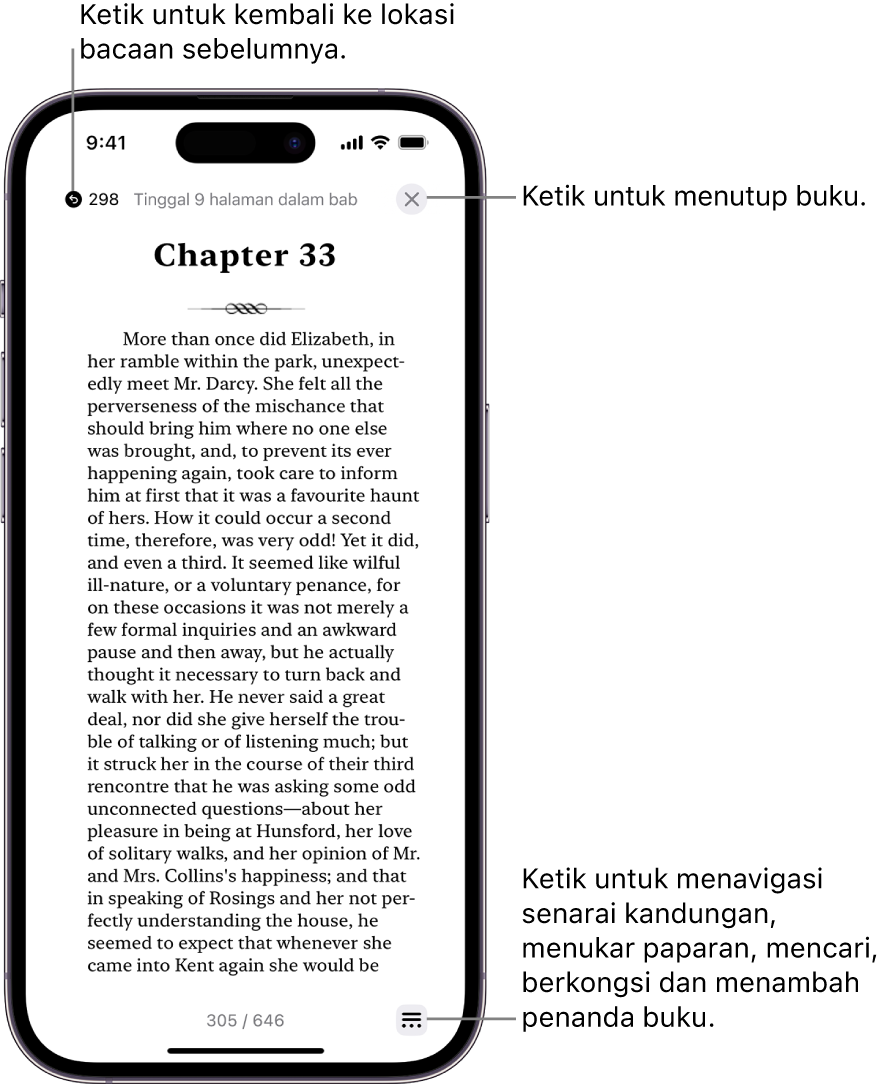 Halaman buku dalam app Buku. Di bahagian atas skrin ialah butang untuk kembali ke halaman yang anda mula membaca dan untuk menutup buku. Di bahagian kanan bawah skrin ialah butang Menu.