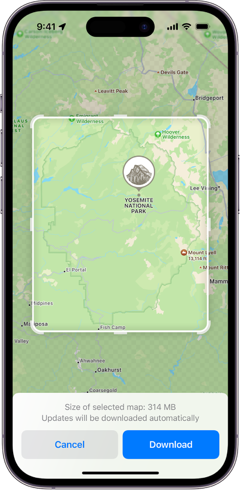 Maps app ထဲတွင် မြေပုံတစ်ခု၏ အခန်းတစ်ခုကို ရွေးချယ်ထားသည်။ ဖန်သားပြင်၏အောက်ခြေတွင် Cancel နှင့် Download ခလုတ်များ ရှိသည်။
