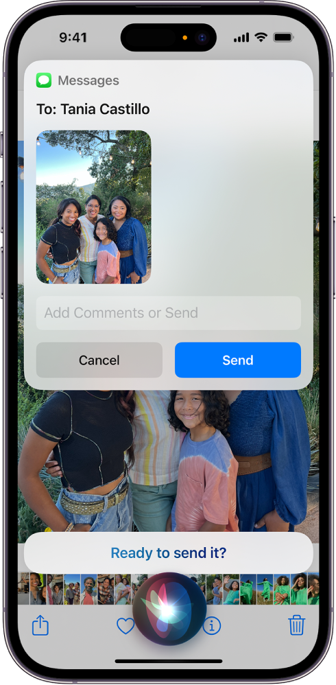 အောက်ခြေအလယ်နှင့် ၎င်းအထက်ရှိ Siri နားထောင်ခြင်း အက်ပ်၊ပေးပို့ရန်အဆင်သင့်ဖြစ်နေပြီဖြစ်သော စာသားမက်ဆေ့ခ်ျပုံစံဖြင့် Siri မှ တုံ့ပြန်မှုရှိသည့် Phone ဖန်သားပြင်တစ်ခု။